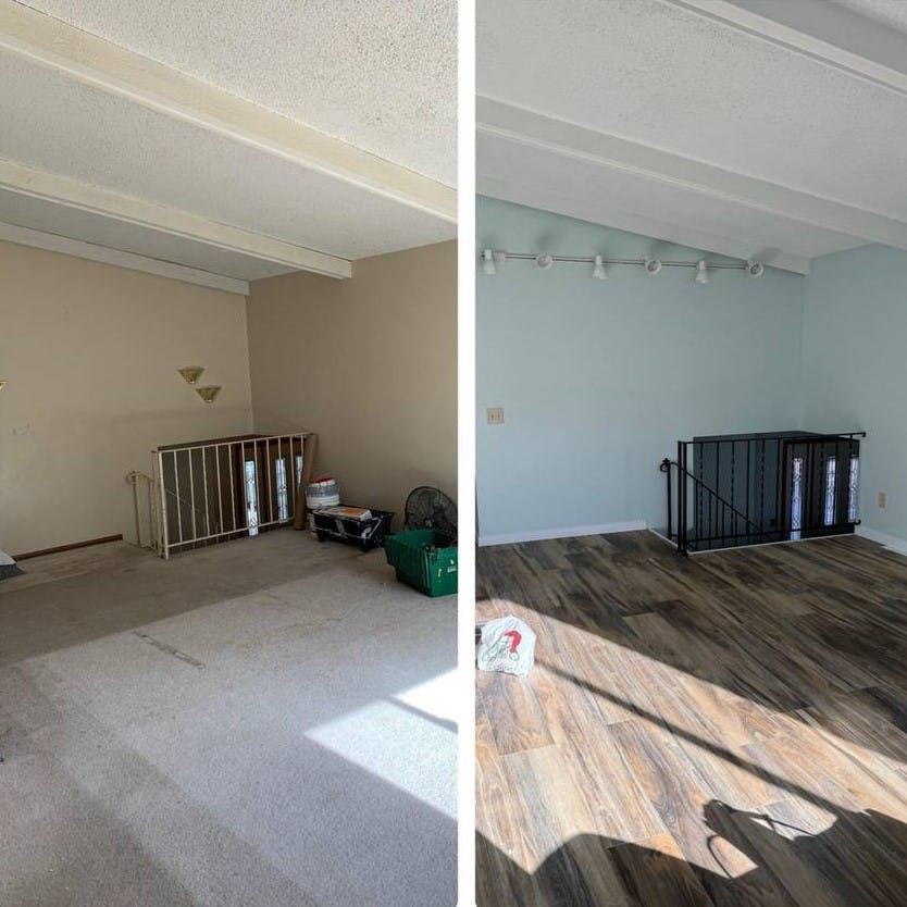 before and after photo of an attic with carpet getting converted to laminate flooring